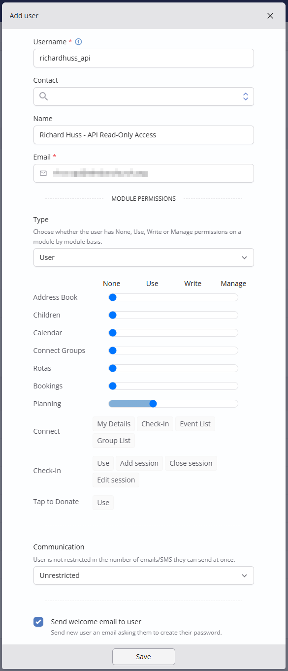 Creating a user in ChurchSuite