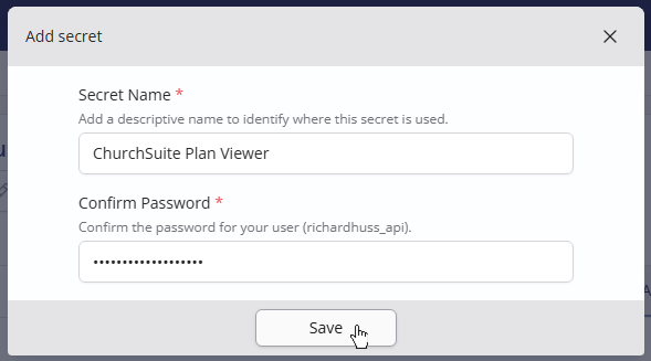 Name secret and confirm password