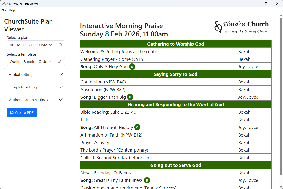 The main window of ChurchSuite Plan Viewer