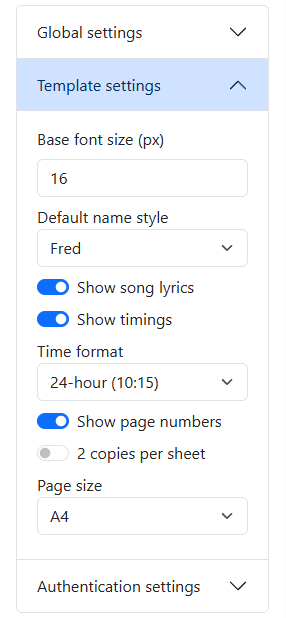 Opeions available within Template Settings